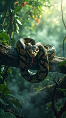 Python Coiled on a Branch in a Misty Jungle.
A captivating vertical shot of a large, beautifully patterned python coiled on a thick tree branch. The dense, misty jungle provides a mysterious and atmos