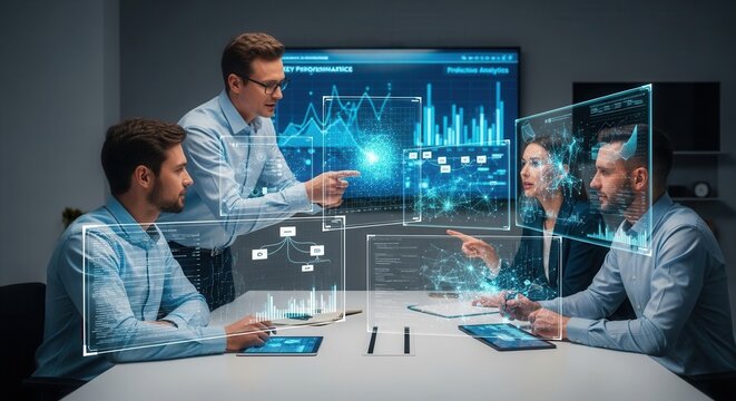 A business meeting where professionals analyze digital data visualizations on interactive screens