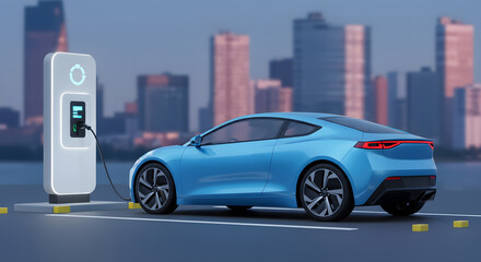 Blue electric car charging at a modern station with city skyline in the background