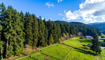 Naklejka premium Aerial View of Vibrant Green Fields and Lush Pine Forests Landscape