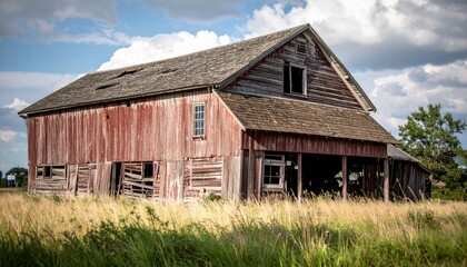 Rustic Red Barn Surrounded by Lush Grass Under a Dramatic Sky