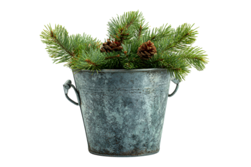 Rustic metal bucket filled with pine branches and cones winter greenery arrangement