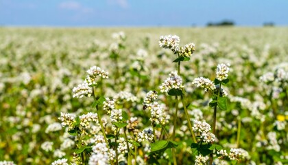 Blooming Buckwheat Field Under Bright Blue Sky in Summer Season