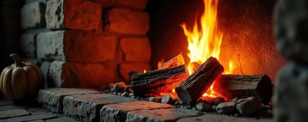 Close-up of a crackling fireplace, glowing embers casting warm light on a rustic stone hearth  Perfect for autumn, winter, or cozy home d?cor themes ,  ignition,  comfortable,  glowing