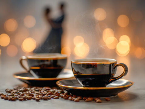 Two elegant black coffee cups with steaming coffee and scattered beans in focus with a blurred romantic couple dancing against warm bokeh lights background - Powered by Adobe