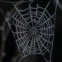 A frosty spiderweb glistens with ice crystals, creating a delicate and intricate pattern