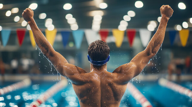 Triumph of a muscular swimmer in pool with raised arms - Powered by Adobe
