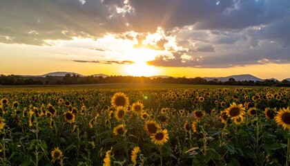 Fototapeta premium Serenity of Sunflower Field at Sunset with Vibrant Sky and Clouds