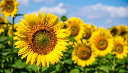 Fototapeta premium Bright Sunflower Blooms Under Blue Sky in Vibrant Field Landscape