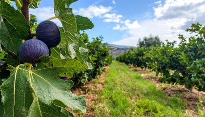 Fresh Fig Fruit on Tree Branch in Lush Green Vineyard Landscape