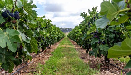Lush Vineyard with Rows of Fig Trees Under a Bright Blue Sky