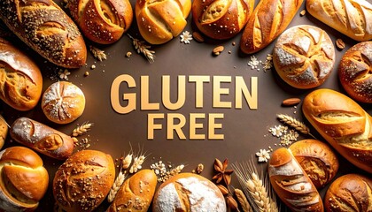 Variety of gluten free bakery products displayed artfully in a warm setting with grains and nuts surrounding them
