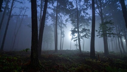 Fototapeta premium Mysterious Forest Scene with Fog and Moonlight at Dusk
