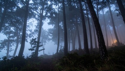 Obraz premium Misty Forest Pathway with Tall Trees and Soft Fog in Twilight
