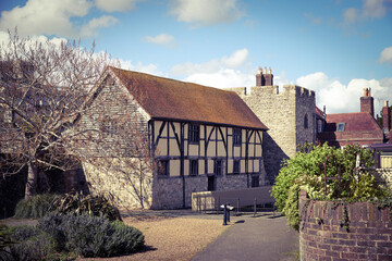 Beautiful historic architecture in old town Southampton. Timber framed former merchants house and gate tower