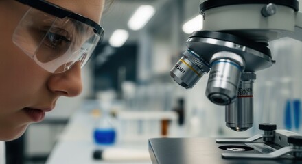 A person in safety glasses looks at a microscope in a laboratory setting