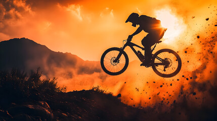 Thrilling mountain biker soars through sunset-lit sky in breathtaking action scene