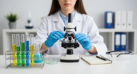 A scientist in a lab coat adjusts a microscope amidst test tubes  notebook