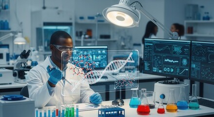 A scientist in a lab coat examines a 3D DNA model with scientific equipment and beakers visible
