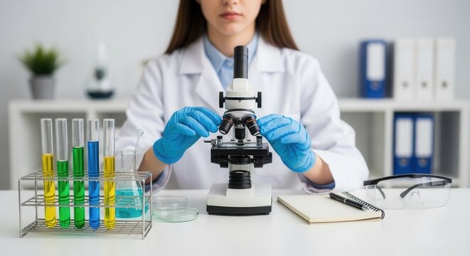 A scientist in a lab coat adjusts a microscope amidst test tubes  notebook