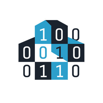 Abstract geometric design with binary code and house shapes.