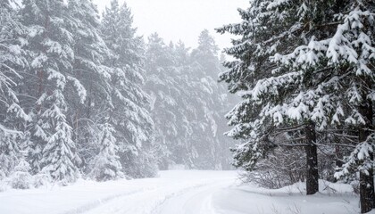 Snowy Winter Landscape with Pine Trees and Quiet Roadway Scene