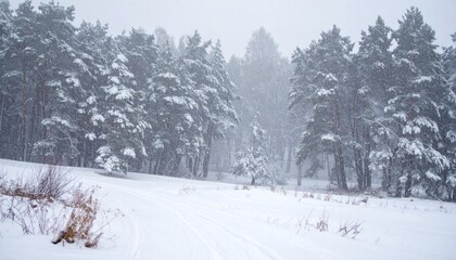 Fototapeta premium Snowy Winter Landscape with Pine Trees in a Blizzard Atmosphere