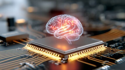 Digital Brain Illustration on Microchip with Circuitry in Futuristic Technology Style