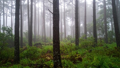 Fototapeta premium Misty Forest Landscape with Tall Trees and Lush Green Underbrush