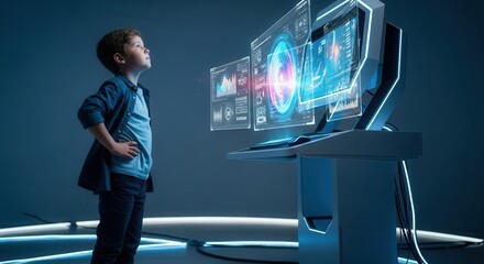 A young boy looks up at futuristic displays with advanced interfaces set against a blue backdrop