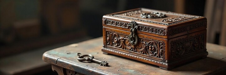 Intriguing antique wooden box, intricately carved, sits on a dusty old table, hinting at a hidden secret within A single key lies nearby, adding to the mystery , vintage box, mystery