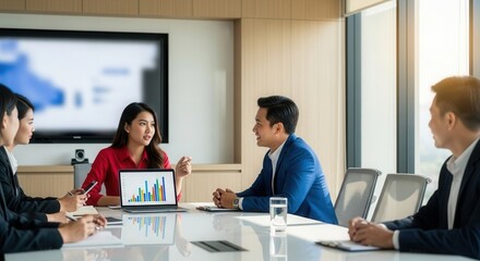 Business meeting with 5 people discussing a chart on a laptop in a modern office