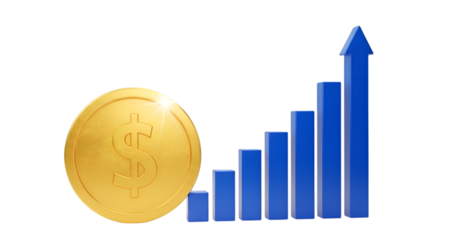 Coin and growth chart isolated on transparent background