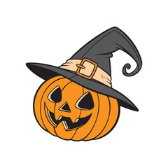 Image of a pumpkin with a witch hat on its head