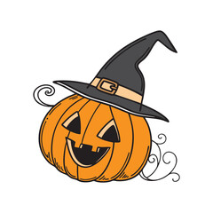 Image of a pumpkin with a witch hat on its head