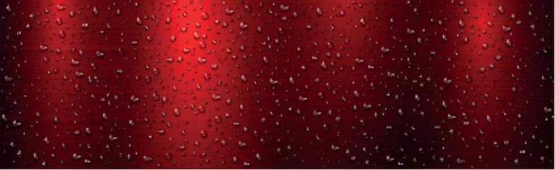 Realistic water drops on red metal background - Vector illustration