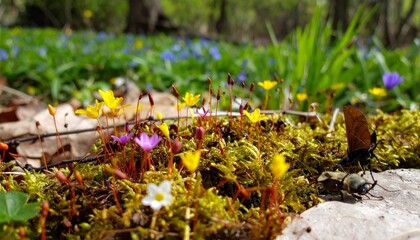 Vibrant Wildflowers and Insects in a Lush Forest Setting