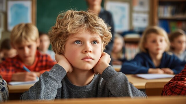 Classroom scene where ADHD child is visibly distracted while other children focus, teacher in background.
