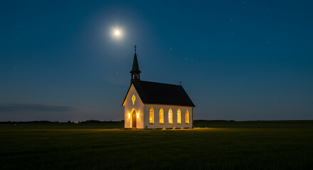Fototapeta premium Illuminated chapel glowing in meadow at night under starry sky.