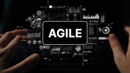 Hands Using Computer Keyboard to Navigate Agile Methodology Data and Metrics Visualization in a Modern Business Environment. Asymptotic smart data analytic.
