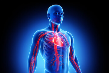 Human circulatory system glowing red arteries and heart anatomy