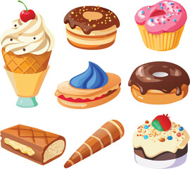 Illustration of various sweet desserts, including cupcakes, donuts, and pastries isolated on white background
