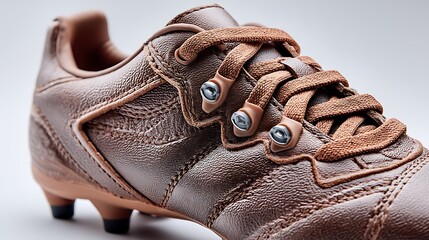 A detailed close-up of a single isolated soccer cleat on a pristine white background, highlighting the texture of the leather and the studs.