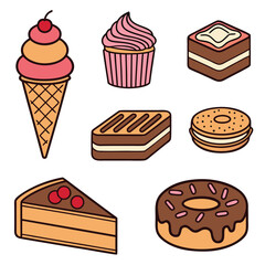 Illustration of various desserts such as cake, donut, ice cream, cupcake isolated on white background