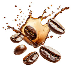 Coffee beans and liquid splash in motion coffee splash isolated on a transparent background