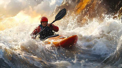 Fototapeta premium Thrilling adventure in nature: kayaker navigating rapids at sunset