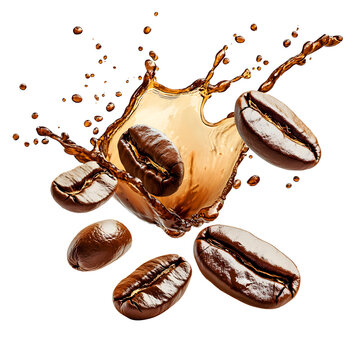 Coffee beans and liquid splash in motion coffee splash isolated on a transparent background