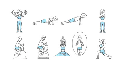 Doodle Training Exercise Characters | Linear Icons Collection of Men and Women Fitness Workout on White