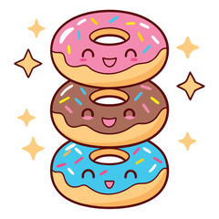 Stack of cute cartoon donuts with sprinkles and smiling faces isolated on white background