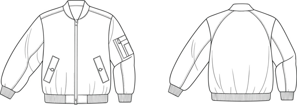 Technical fashion flat sketch of bomber jacket with zipper, ribbed cuffs and hem, welt pockets, sleeve utility pocket, raglan sleeves